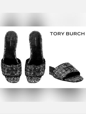 Tory Burch Eleanor Pavé Logo Slide Sandal in Silver Confetti/Perfect Black Sz 8